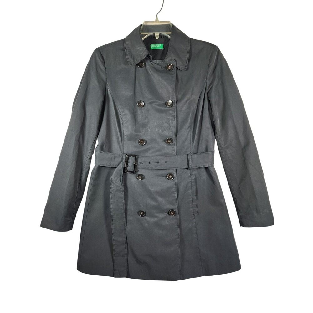 United Colors Benetton Womens 8 Black Trench Coat Belted Y2K Dark Academia